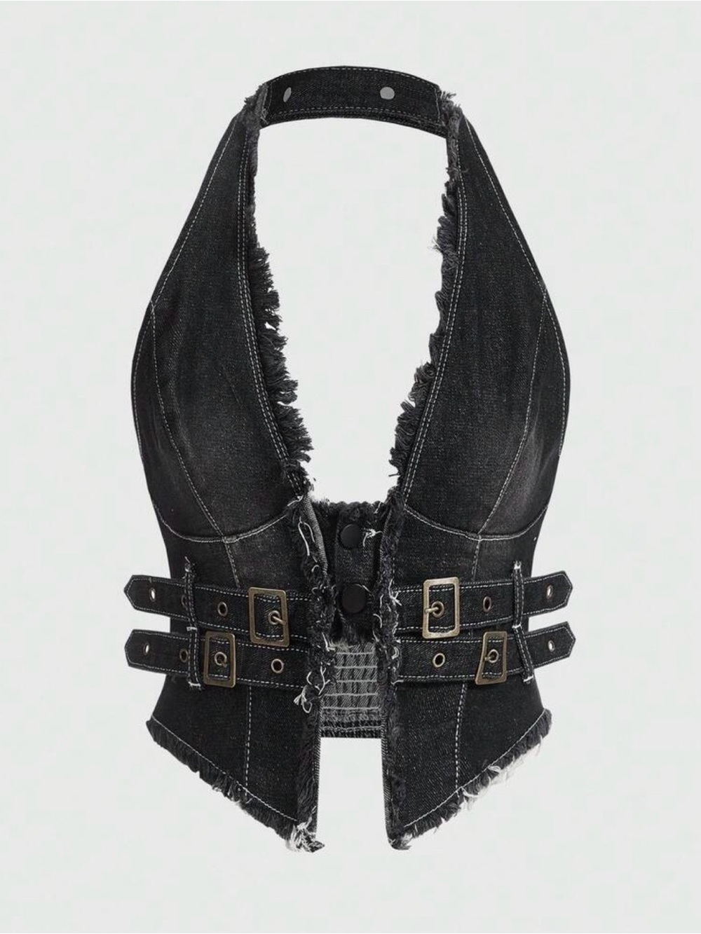 Black Distressed Denim Halter Corset Top with Buckle Details